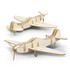 A wooden model airplane in natural wood colour, featuring a sleek design with propellers and wings.