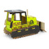 A wooden bulldozer model in yellow and brown, featuring tracks and a black rooftop. It includes a branding logo.