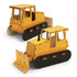 A yellow wooden bulldozer model with black tracks and a frontal blade, featuring a simplistic design.