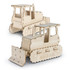 A wooden model of a bulldozer in a light natural finish, featuring detailed design elements and movable parts.