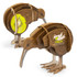 A wooden kiwi model in brown and yellow, featuring a layered design and a logo on one side.