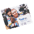 A fridge magnet featuring a colourful design with two smiling individuals, showcasing vivid hues and a glossy finish.