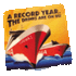 A vibrant coaster featuring two ships with bold red and yellow colours, along with a logo.