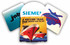 Four coasters featuring various designs, including vibrant colours and branding logos.