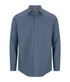 A button-up shirt in navy blue with long sleeves and a chest pocket, featuring a logo on the collar.