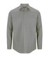 A button-up shirt in a muted green colour, featuring long sleeves and a single chest pocket. It has a logo on the label.