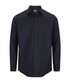 A dark navy button-up shirt with a collar, long sleeves, and a chest pocket. It features a logo on the label.