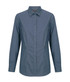 A button-up shirt in a deep blue colour, featuring a pointed collar and long sleeves. It has a logo on the chest area.