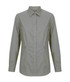 A button-up shirt in a muted olive green colour, featuring long sleeves and a classic collar. It has a logo.