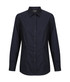 A button-up shirt in dark navy with long sleeves and a classic collar, featuring a front button placket and a logo.