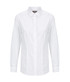 A white button-up shirt with long sleeves and a collar, featuring a front button placket and a logo.