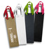 A set of four wine bags in brown, white, black, and a colourful selection of ribbon handles. The bags feature a logo.