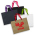 Four large ribbon handle paper bags in black, white, green, and purple with a logo on the front of the brown bag.