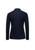 A long sleeve polo shirt in navy blue with a collar and a logo on the back.