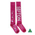 A pair of pink knee-high socks featuring stars and a logo, with the word "SEFTON" displayed on the side.