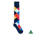 A vibrant cotton knee-high sock featuring a multicoloured diamond pattern on a navy background, with a logo at the bottom.