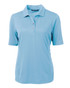 A light blue ladies polo shirt with a collar, short sleeves, and a buttoned placket. It features a logo.