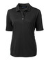 A black ladies' eco pique polo shirt with a collar and button placket, featuring a logo.