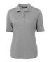 A grey ladies' eco pique polo shirt with a collared neck and short sleeves, featuring a logo.