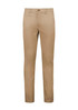 A pair of beige modern stretch chino pants with a slim fit design. Features a front pocket and a branded logo.