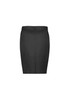 A black mid-waist pencil skirt with a sleek design and a back zipper, featuring a logo. A black mid-waist pencil skirt with a sleek design and a back zipper, featuring a logo.