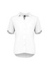 A white short sleeve blouse with a collar and button-up front, featuring rolled sleeves and a curved hem. A white short sleeve blouse with a collar and button-up front, featuring rolled sleeves and a curved hem.