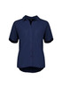 A navy short sleeve blouse featuring a button-up front and a relaxed fit. The blouse has a collar and rolled sleeves. A navy short sleeve blouse featuring a button-up front and a relaxed fit. The blouse has a collar and rolled sleeves.