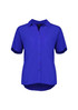 A women's short sleeve blouse in bright blue, featuring a button-up front and a collar. It has a logo. A women's short sleeve blouse in bright blue, featuring a button-up front and a collar. It has a logo.