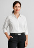 A white 3/4 sleeve blouse with a collared neckline, paired with black trousers. The model is wearing a belt.