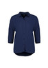 A navy women's blouse with 3/4 sleeves and a button-up front. Features a collar and a relaxed fit. A navy women's blouse with 3/4 sleeves and a button-up front. Features a collar and a relaxed fit.