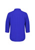 A blue women's blouse with 3/4 sleeves, featuring a collared neckline and a relaxed fit. It has a branding logo. A blue women's blouse with 3/4 sleeves, featuring a collared neckline and a relaxed fit. It has a branding logo.