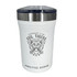 A drink bottle in white with a silver lid and a logo featuring a tiger and text. It is a 2-in-1 cooler.