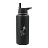 A drink bottle in matte black with a screw-on lid and built-in straw, featuring a logo.