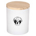 A white candle jar with a wooden lid and a logo on the front, featuring a simple design.
