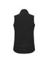 A black women's vest with a fitted design and collar. The back view features a smooth fabric and minimal detailing.