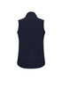 A navy women's vest with a collar and a fitted design, featuring a branding logo.