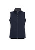 A navy women's vest with a zip front, featuring a high collar and side pockets. It has a logo on it.