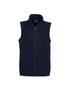 A plain navy micro fleece vest with a zip front and no sleeves, featuring a logo on the collar.