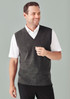 A dark grey men's vest with a V-neck design, worn over a white short-sleeved shirt. Features a branding logo. A dark grey men's vest with a V-neck design, worn over a white short-sleeved shirt. Features a branding logo.