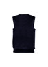 A navy blue men's vest with a simple design and no sleeves, featuring a ribbed hem and a logo.