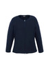 A navy women's 2-way zip cardigan featuring a round neckline and long sleeves, with a branding logo. A navy women's 2-way zip cardigan featuring a round neckline and long sleeves, with a branding logo.