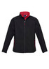 A black soft shell jacket with red detailing, featuring a zip front and pockets. It has a logo on the chest. A black soft shell jacket with red detailing, featuring a zip front and pockets. It has a logo on the chest.