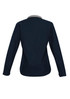 A soft shell jacket in navy with a collar and a fitted design. It features a branding logo.