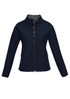 A soft shell jacket in navy blue with a zippered front and side pockets, featuring a logo on the chest.