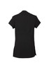 A black women's crossover tunic with short sleeves and side slits, featuring a subtle logo on the back.