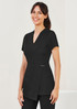A black women's tunic with short sleeves and a wrap design, featuring a decorative button.