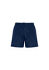 A pair of navy blue sports shorts with an adjustable drawstring waistband and a logo.