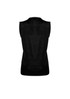 A black sleeveless vest with a textured finish, featuring a simple design and a logo.