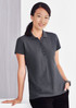 A dark grey polo shirt for ladies, featuring a collar and button placket, displayed on a smiling model.