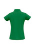 A green ladies polo shirt featuring a collar and short sleeves, with a logo on the back.